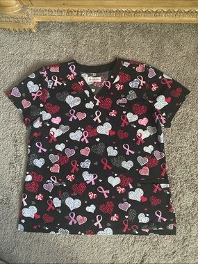 White Cross Black Scrub Top with Pink and Red Heart Print SZ Large